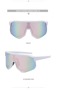 Front- und 45-Grad-Seitenansicht der weißen Sportsonnenbrille mit rosa Gläsern