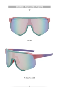 Details von Sport-Sonnenbrillen mit großem pink-grünem Farbverlauf und lila Rahmen