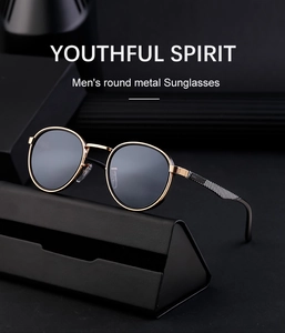 Men's round metal sunglasses with woven texture temples and triangle leather case