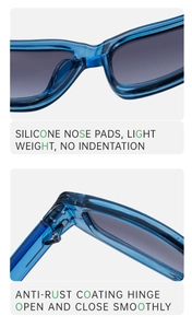 Dettaglio di naselli in silicone e cerniere antiruggine su occhiali da sole blu