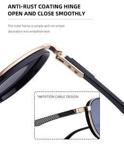 Detail view of anti-rust hinges and textured steel cable temples on punk round sunglasses