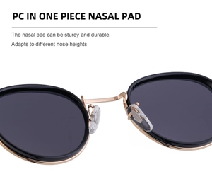 Detail of transparent PC one-piece nasal pad on black round punk style sunglasses