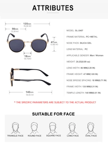 Detailed size specifications and frame parameters for vintage punk style round sunglasses