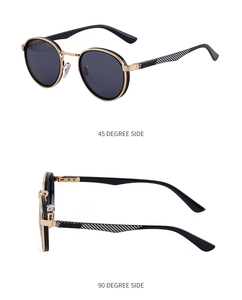 Detail view of round punk sunglasses with metallic bridge and carbon fiber pattern temples