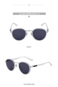 Close-up of retro round silver frame sunglasses with gray lenses in front and side views