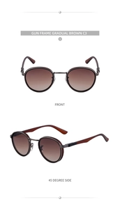 Front and side view of round punk sunglasses with gunmetal frame and brown lenses