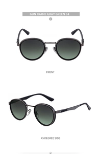 Detail of round gunmetal frame sunglasses with gray green lenses and carbon fiber temples