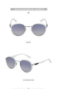 Macro view of silver metal round frame sunglasses with blue mercury coated lenses C6