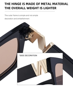 Detail of square sunglasses featuring metal hinges and golden W-shaped side decoration