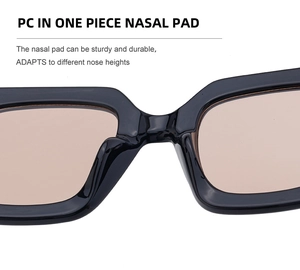 Detail of square sunglasses showing the durable one-piece PC nasal pad design