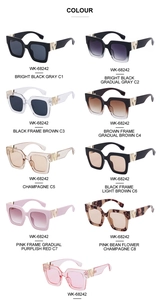 Nine color options of square frame sunglasses with golden W metal temple detail