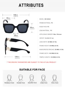 Detailed size chart for square frame sunglasses with measurements in mm and inches