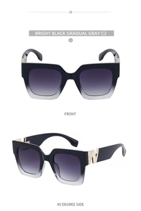 Detail view of square gradient frames with golden metal W letter decoration on temples