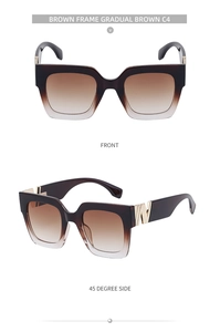 Detail view of square brown sunglasses with gradual brown lenses and gold metal accents