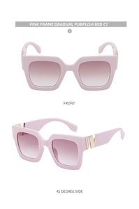 Detailed front and side views of pink square sunglasses with gradient purple lenses
