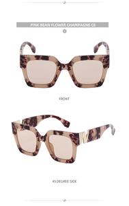 Detailed views of pink tortoiseshell square sunglasses with gold V logo metal accents