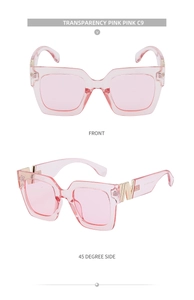 Detailed views of pink transparent square sunglasses with golden metal W hinges