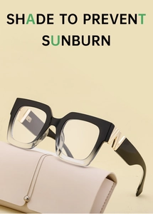 Detail of square gradient sunglasses with gold V-shaped logo and white leather case