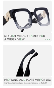 Detail of square gradient sunglasses with gold W metal hinge and propionate frame