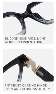Detail of square sunglasses showing soft silicone nose pads and metal hinge with M logo