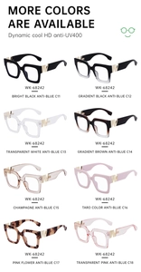 Detailed view of square frame anti-blue light glasses in eight diverse color options