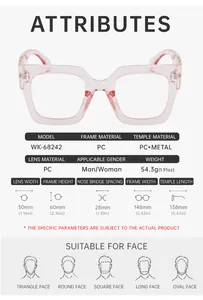 Detailed size guide and technical specifications for square fashion sunglasses model WK-68242