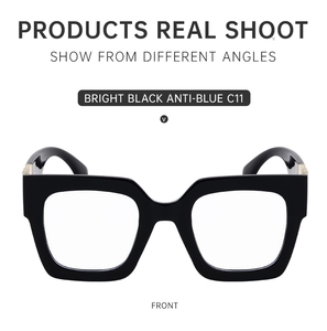 Front view of bright black square frame glasses with anti-blue light protective lenses