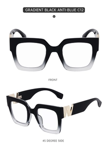 Front and 45-degree side view of square gradient black anti-blue light glasses with V hinges