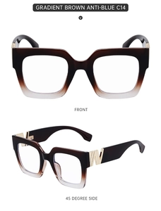Detail view of gradient brown square optical frames with gold W-shaped metal hinges