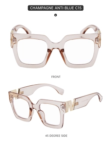 Champagne square frame glasses with anti-blue lenses and gold metal W hinges