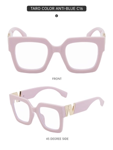 Detail view of taro pink square glasses with reinforced hinges and W-shaped metal accents
