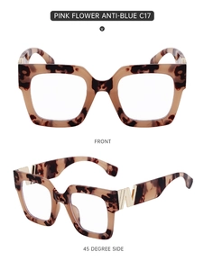Front and 45-degree views of leopard print square glasses with gold W metal accent