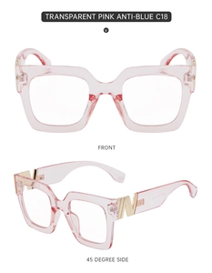 Detail view of transparent pink square glasses with gold V-hinge and anti-blue lenses