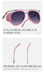 Detail of pink cat-eye sunglasses featuring metal top bar and propionic acid temples
