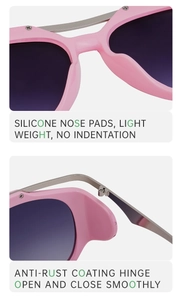 Detail of pink cat eye sunglasses showing silicone nose pads and anti-rust coating hinges