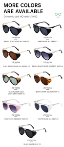 Detailed grid of nine stylish cat-eye sunglasses with HD UV400 lenses in varied colors