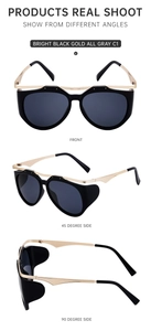 Three angles of black cat-eye sunglasses with gold metal bridge and sleek temples