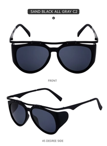 Front and side view of sand black pilot sunglasses with gray lenses and side shields