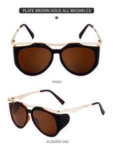 Front and 45-degree side views of retro brown gold aviator sunglasses with double bridge