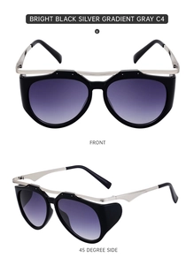 Bright black and silver gradient gray sunglasses with side shields and metal bridge detail