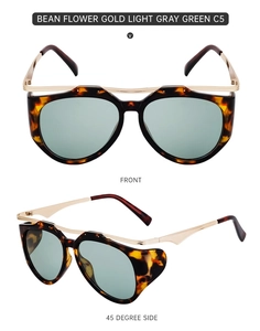 Detailed front and side view of tortoiseshell sunglasses with gold metal temples