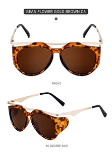 Detailed front and side view of tortoiseshell cat eye sunglasses with gold brown lenses
