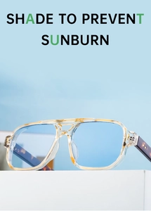 Detailed macro view of yellow tortoiseshell square frames with blue gradient lenses