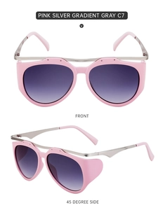 Detailed view of pink and silver cat-eye sunglasses with gradient gray lenses from two angles