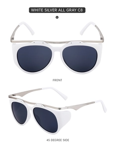 Detailed views of white cat eye sunglasses with silver metal temples and gray lenses