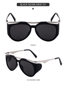 Front and side view of chic black cat-eye sunglasses with silver metal accents