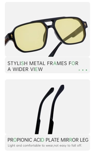 Detail of square pilot sunglasses showing metal frame and yellow tinted lenses