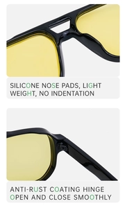 Detail of square sunglasses with soft silicone nose pads and durable rustproof hinges
