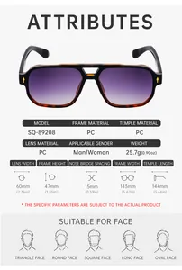 Detailed size chart for square frame sunglasses with model dimensions and face shape guides