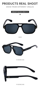 Classic square sunglasses with bright black frames and gray lenses shown from multiple angles